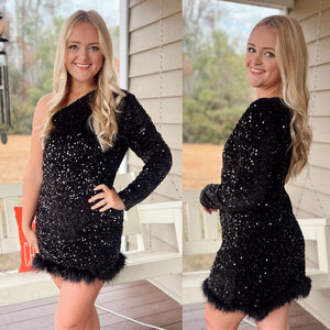 “Dazzled Feather” Black Sequin Dress