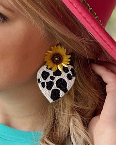 Sunflower Cow Beaded Earrings